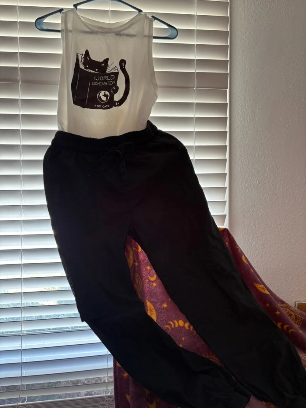 SHEIN White Sleeveless Tank with Black Cat 'World Domination' Graphic